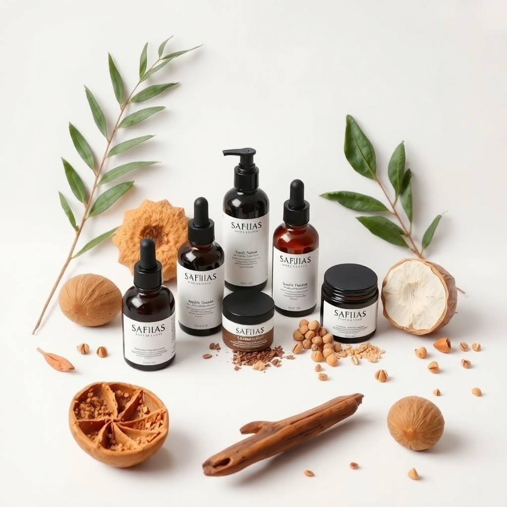 A photorealistic image showcasing a selection of SafiiaS Beauty products arranged artfully alongside raw, natural ingredients sourced from Africa. The background is a clean, minimalist white surface. The lighting is soft and diffused, highlighting the textures and colors of the products and ingredients. The composition is clean and elegant, emphasizing the natural beauty of the materials. Style reference: High-end product photography with a focus on natural textures and materials. Technical Specs: 4K resolution, high quality.
