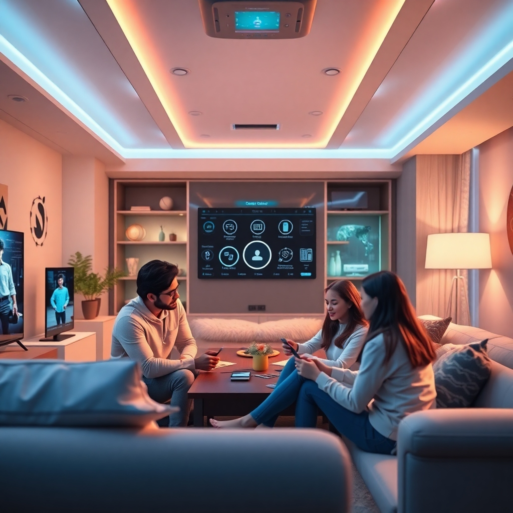 A photorealistic image showcasing a futuristic smart home environment. Focus on interconnected devices, a central control panel, and seamless integration. Soft, warm lighting highlights the comfort and convenience. Include a diverse family enjoying the technology. Technical specifications: 8K resolution, hyperrealistic.