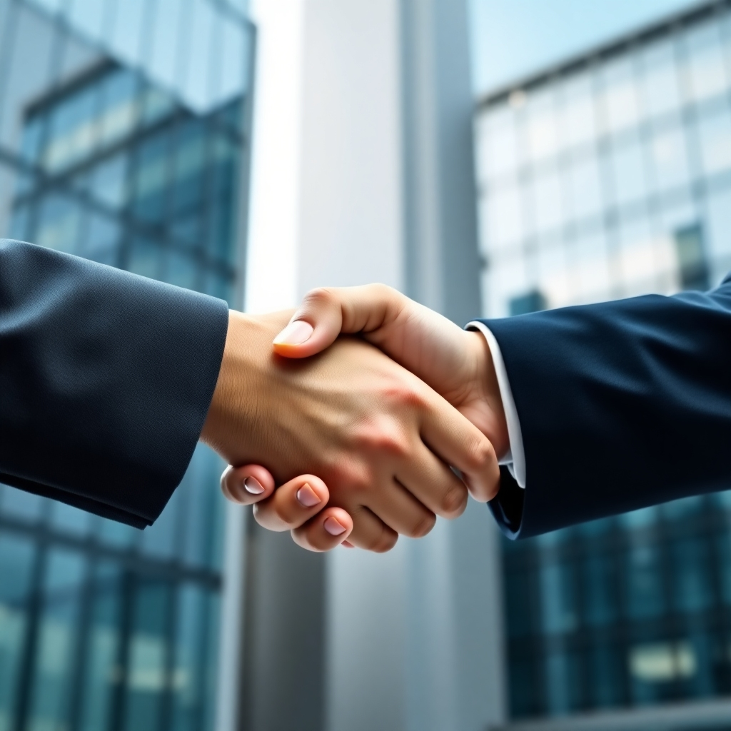 A photorealistic image showing two hands shaking, symbolizing a partnership between Cushes and Safiia Group. The hands are set against a backdrop of modern office buildings, representing the business environment. The lighting is professional and clean, with a focus on the handshake. The color palette uses corporate colors like blue and gray, with a touch of green to represent growth. The camera angle is a medium shot, focusing on the hands and the professional setting. The textures are sharp and detailed, highlighting the sincerity of the handshake.