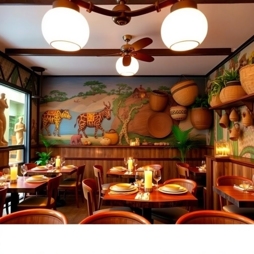 A restaurant interior featuring African-inspired décor, such as colorful murals, woven baskets, and wooden tables. The lighting should be warm and inviting, creating a lively and festive atmosphere. Include elements such as plants, candles, and unique serving dishes.