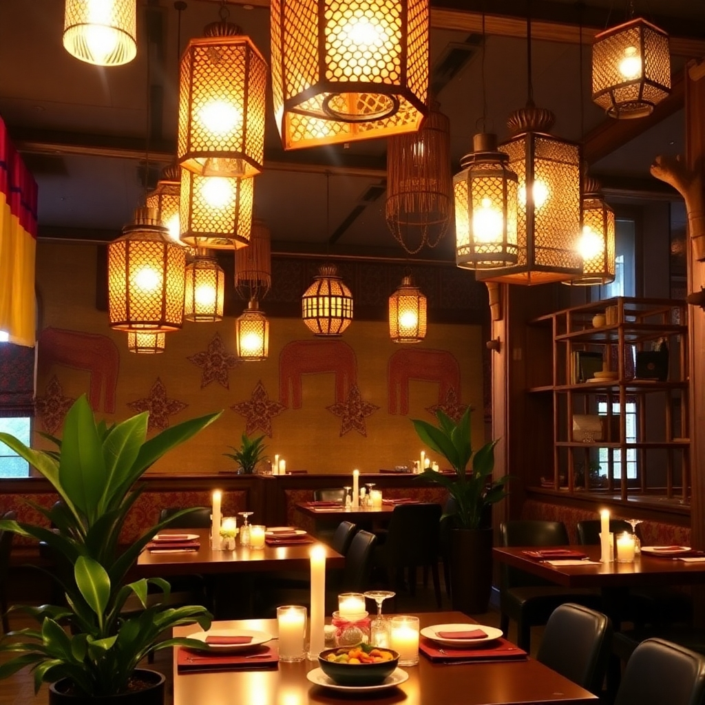 A restaurant interior featuring African-inspired lanterns, colorful textiles, and wooden accents. The lighting should be warm and inviting, creating a cozy and intimate atmosphere. Include elements such as plants, candles, and unique serving dishes.