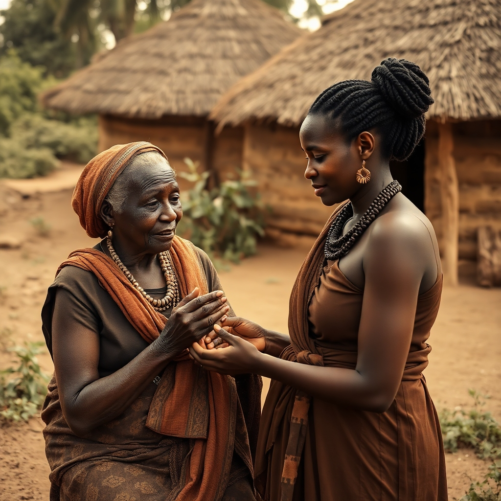 A sepia-toned photograph of an elderly African woman sharing beauty secrets with a younger woman. The scene takes place in a traditional African village, with mud huts and lush vegetation in the background. The lighting is soft and nostalgic, evoking a sense of history and tradition. Style reference: Classic ethnographic photography with a focus on intergenerational knowledge transfer. Technical specs: 4K resolution, high quality.