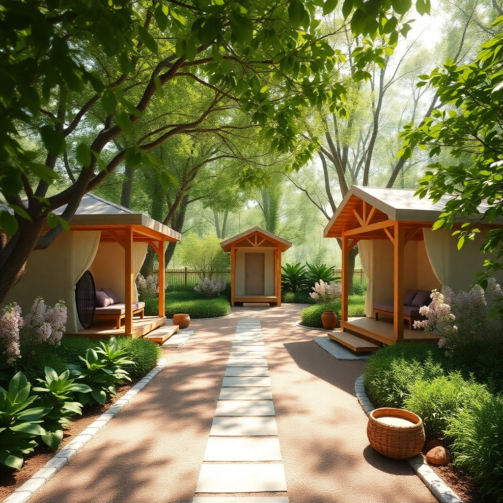 A serene image depicting a tranquil garden with treatment huts surrounded by lush flora. Soft sunlight filters through the treetops, illuminating the peaceful pathways. The color palette involves calming greens, soft pinks, and earthy tones that evoke tranquility. Elements like herbal infusions and natural decor characterize the setup, emphasizing holistic approaches. The camera angle should create a perspective that invites viewers into this intimate space, allowing them to envision themselves amidst the calmness. This high-quality image should be in 4K to ensure clarity and emotional resonance.