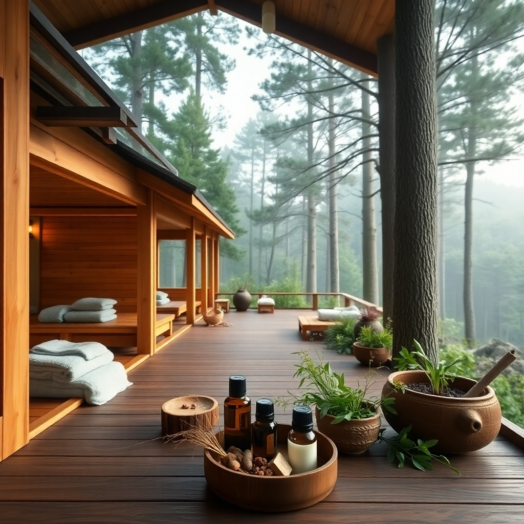 A serene image showcasing a tranquil spa retreat located in a forest setting. The framing highlights the wooden spa cabins with expansive views of nature. Soft, diffused lighting creates a relaxing mood. The color palette features calming greens and browns, emphasizing the natural surroundings. Props like calming herbs and essential oils add depth. The camera angle should focus on the inviting ambiance of a wellness center, making it feel welcoming and captivating. Resolution should be high to showcase fine details in 4K quality.