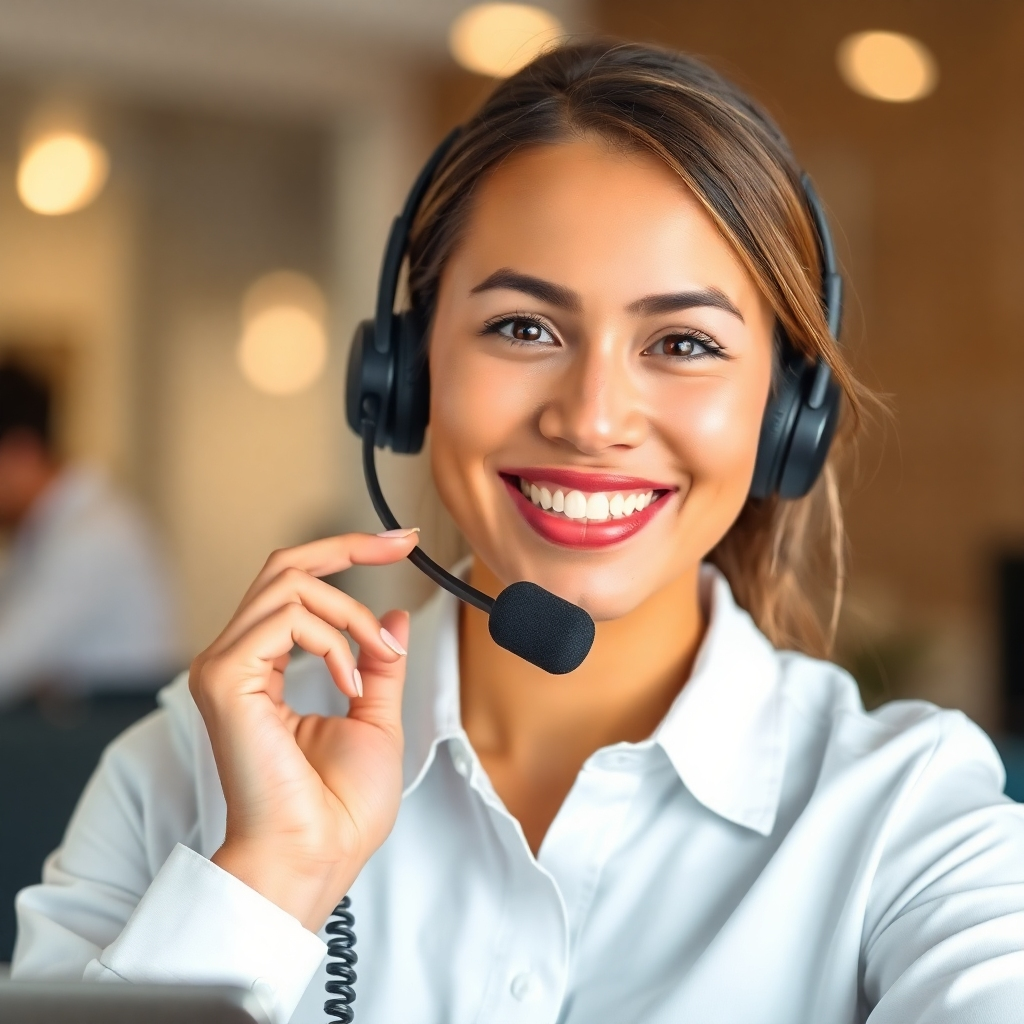A smiling customer service representative is shown on the phone, ready to assist with inquiries.