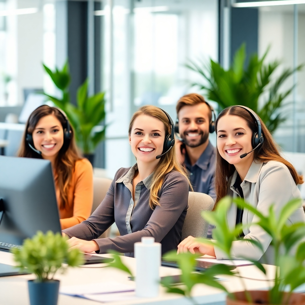 A smiling support team wearing headsets, sitting at desks with computers and phones, ready to assist customers. A modern, bright office environment with glass walls, plants and open spaces. Friendly team, representing a strong brand and good customer service and support. High-quality image.