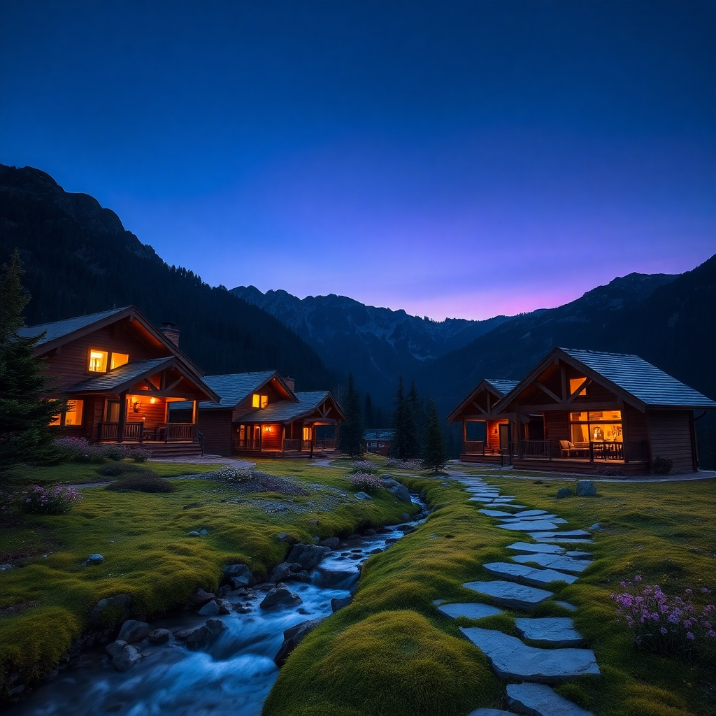 A stunning visual of a mountain retreat at dusk. The composition captures cozy cabins with warm lights glowing from the windows, nestled in the foothills of mountains. The gradient sky, transitioning from twilight blue to deep purple, sets a calming tone. Elements like a gently flowing creek and scattered wildflowers complete the serene setting. Detail in textures provides a sense of coziness, with the roughness of stone paths contrasted against soft moss. The camera angle frames these aspects beautifully, inviting viewers to feel the comfort of the retreat. The image should maintain 4K quality for fine visual impact.