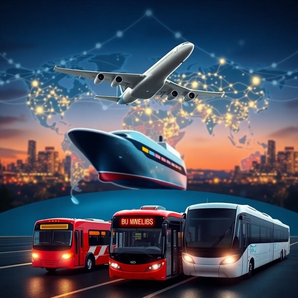 A stylized image demonstrating various transportation modes, featuring a sleek airplane, a majestic ship, and modern buses and trains. The scene is set against a backdrop of an interconnected global map, illuminated by vibrant city lights. The composition employs contrasting colors for the vehicles against a twilight sky, enhancing visibility. Textures reveal high detail on each transport mode to focus on innovation and efficiency. The environment incorporates abstract representations of travel routes. The intended style is modern and informative. Technical specs should ensure high-quality visuals.