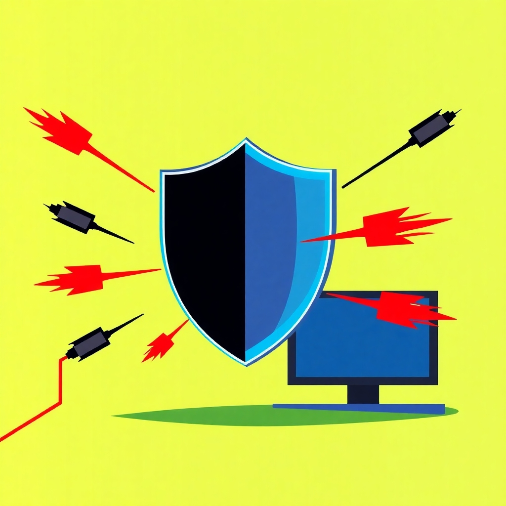 A stylized image of a shield protecting a network of computers from cyber attacks. Use a bold color palette with reds and blacks for the attacks, and blues and greens for the shield. Technical specifications: High resolution, vector illustration.