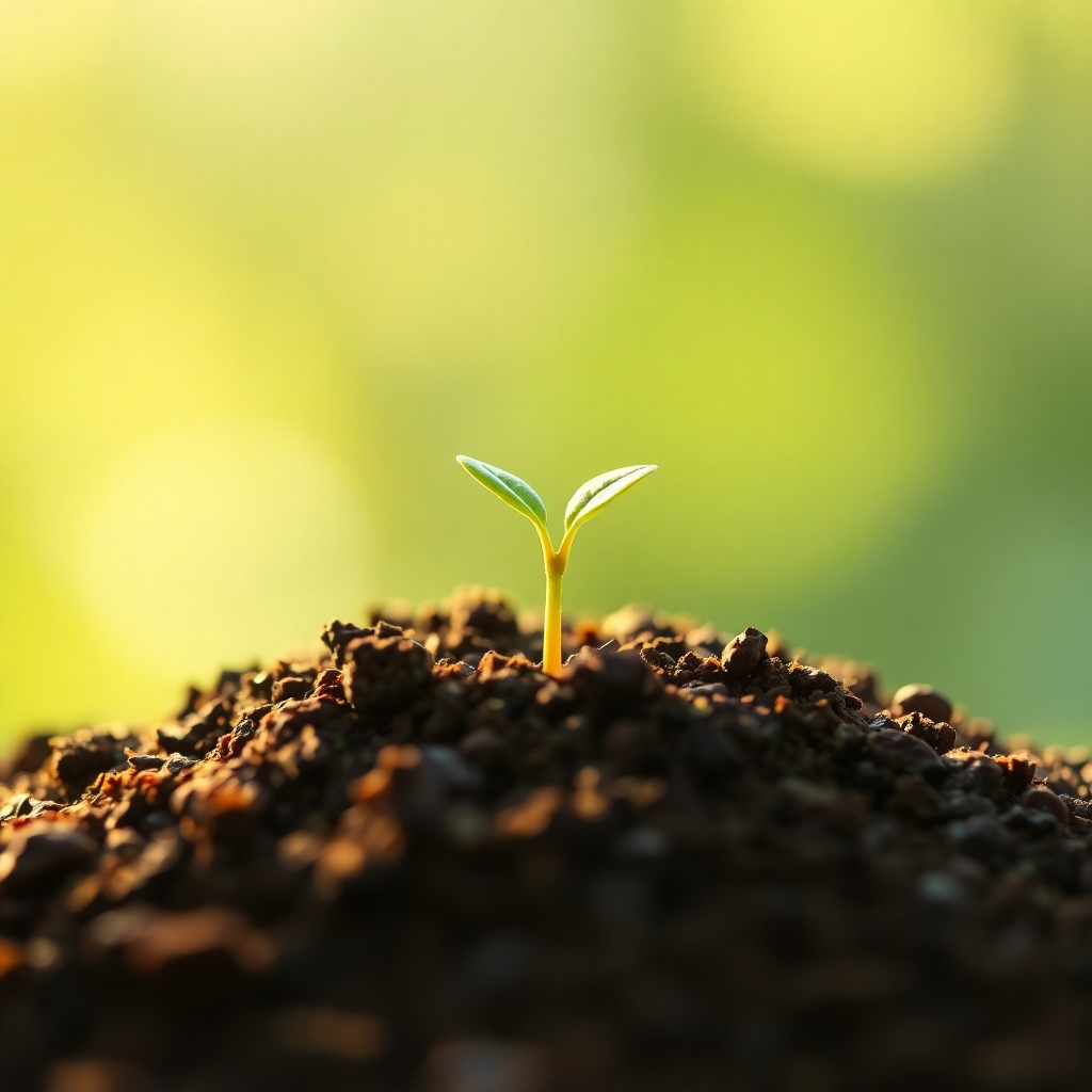 A stylized image representing the origins of Cushes. The image features a single seed sprouting from the ground, symbolizing the birth of a new idea. The seed is surrounded by nurturing soil and bathed in warm sunlight. The background is a soft, blurred gradient, representing the potential for growth. The color palette is earthy and natural, with greens, browns, and yellows dominating the scene. The camera angle is a close-up shot, focusing on the seed and the surrounding environment. The style is simple and elegant, conveying a sense of hope and possibility.