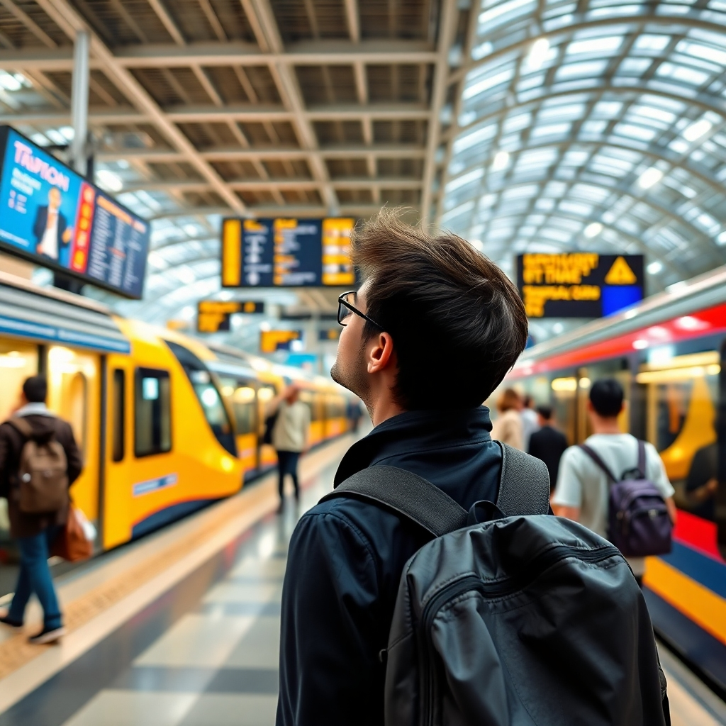 A stylized image representing a traveler considering transport options at a busy train station. The environment is bustling with people, modern trains, and digital signage that appears inviting. The lighting is bright, capturing the energy of travel, while the traveler stands in focus, contemplating their next move. The background features moving trains and people in motion to create a sense of dynamic travel. The camera angle can be set at eye level to enhance relatability. Technical specs should maintain high clarity.