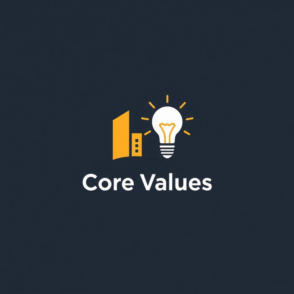 A stylized image representing core values. Integrity: a strong building foundation. Innovation: a lightbulb illuminating the future. Excellence: a polished gemstone. Use a clean and modern design. Technical specifications: High resolution, vector illustration.