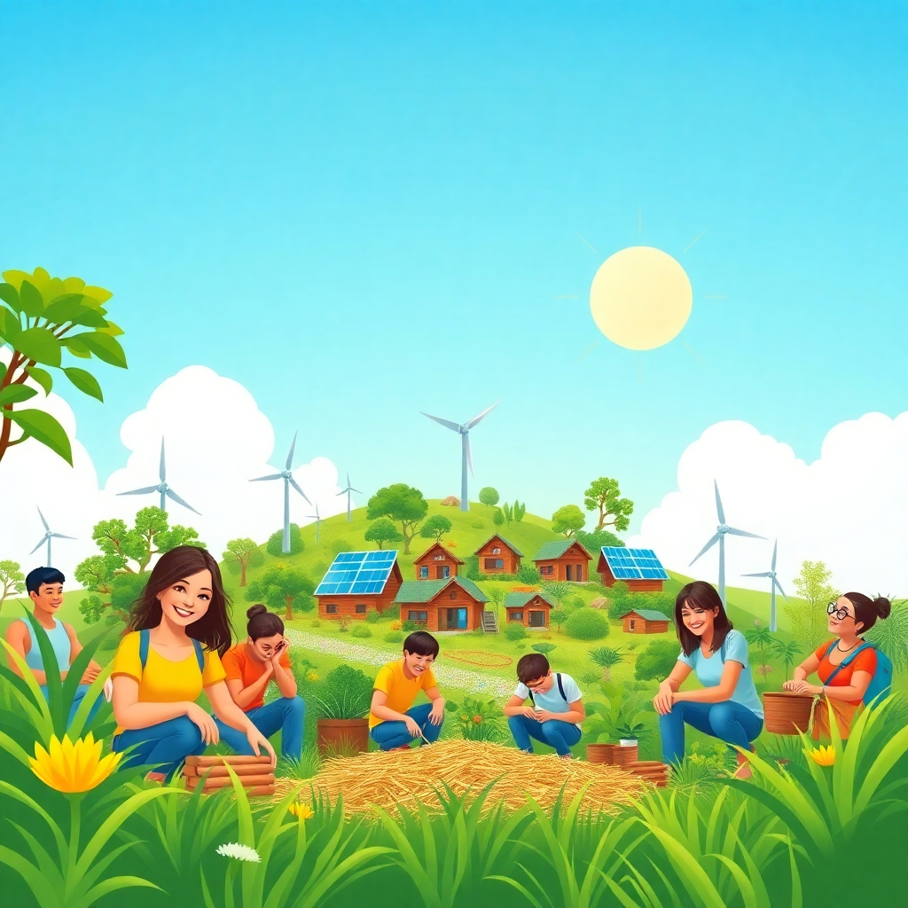 A stylized image representing the future vision of Cushes. The image features a group of people working together to build a sustainable community. The community is powered by renewable energy and surrounded by lush greenery. The people are smiling and working together harmoniously. The background is a bright, sunny sky, representing optimism and hope. The color palette is vibrant and cheerful, with greens, blues, and yellows dominating the scene. The camera angle is a wide shot, capturing the scale of the community and the sense of collaboration. The style is utopian and inspiring, conveying a sense of progress and possibility.