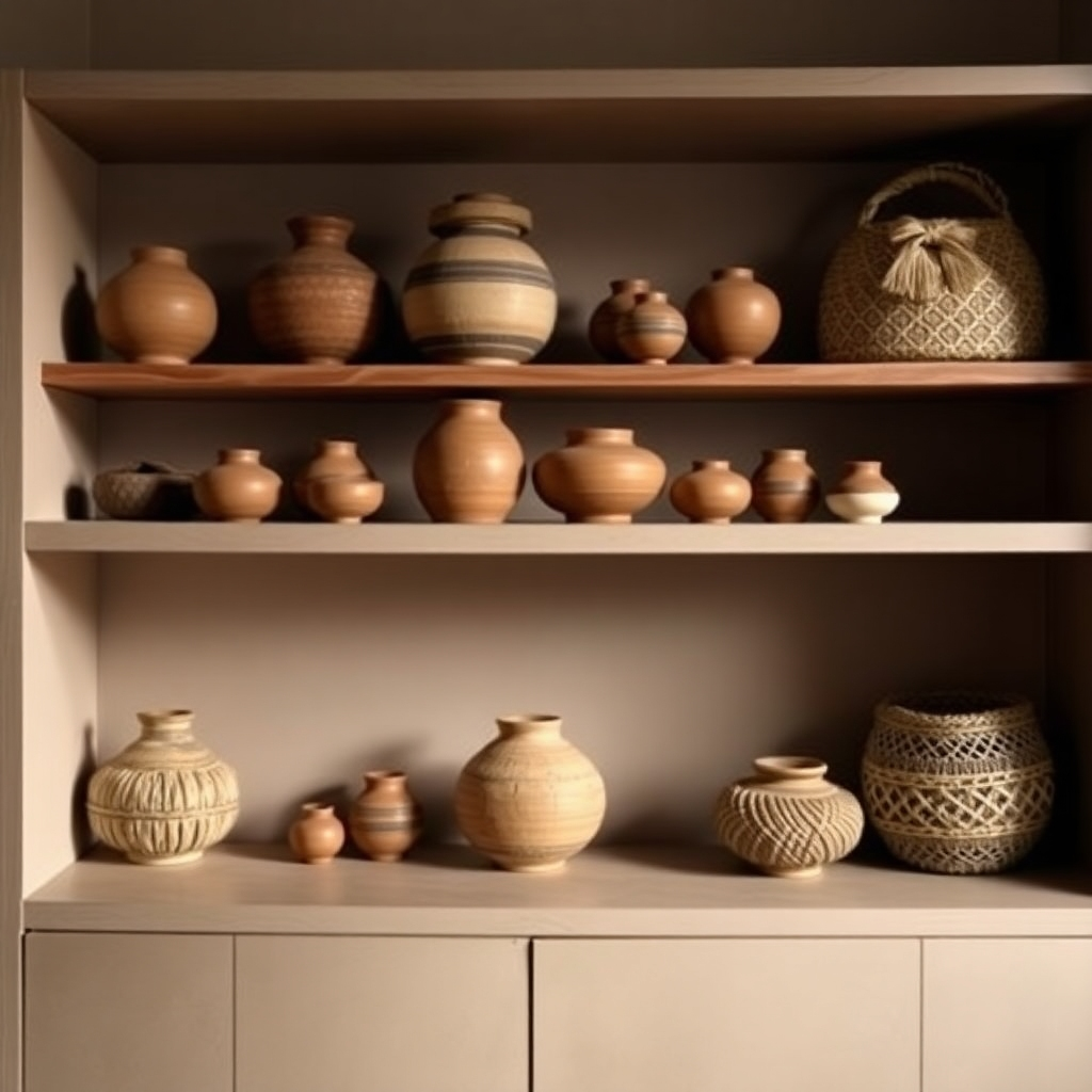 A stylized image showcasing a collection of handcrafted African pottery and baskets displayed on shelves in a minimalist home. The lighting should be soft and diffused, highlighting the intricate details and textures of the artisanal pieces. The color palette should be neutral with pops of earthy tones.