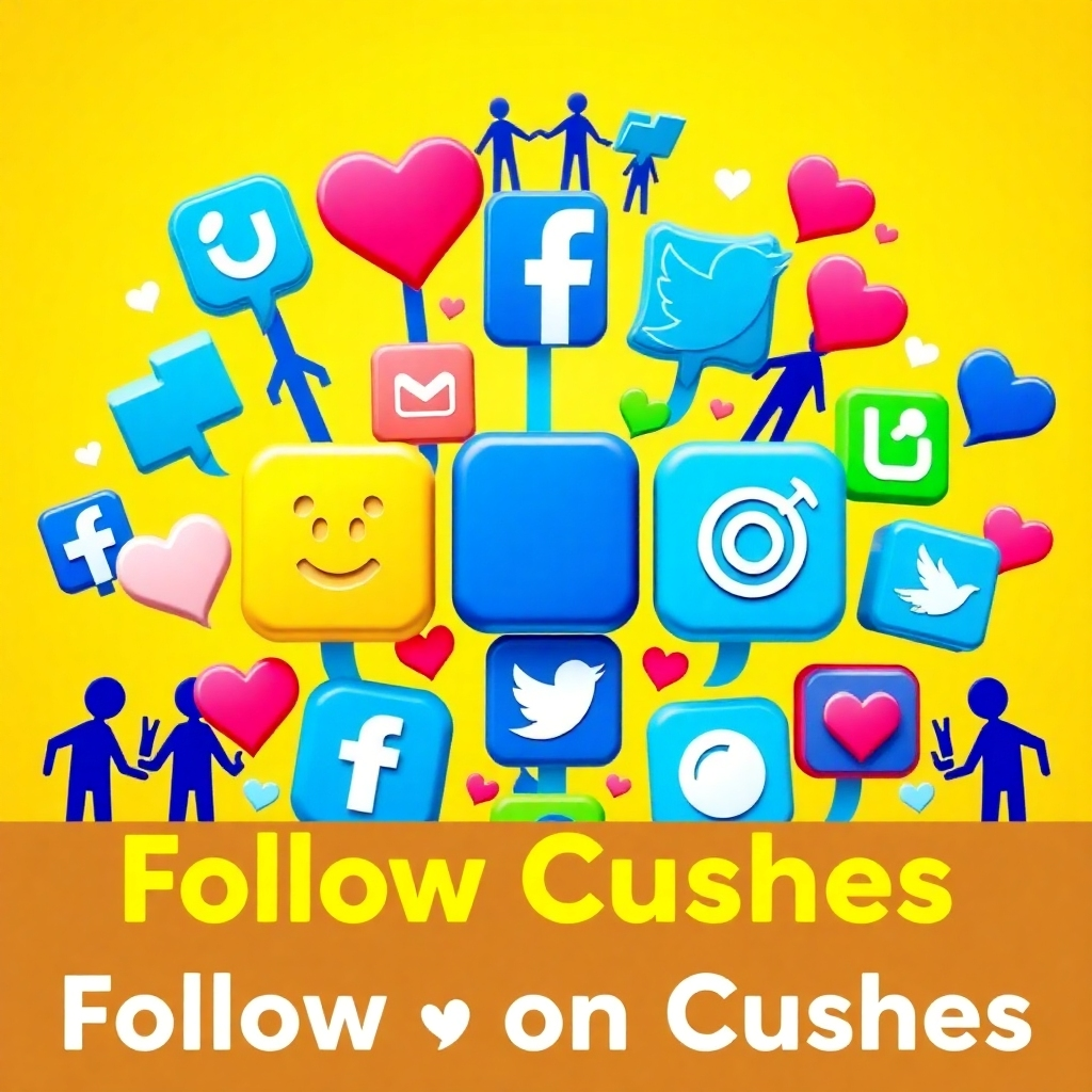 A stylized image showcasing various social media icons arranged in a visually appealing composition. The icons are surrounded by elements representing community and connection, such as people holding hands, speech bubbles, and hearts. The background is a bright and cheerful gradient, creating a sense of optimism and energy. The color palette is vibrant and cheerful, with blues, greens, and yellows dominating the scene. The camera angle is a wide shot, capturing the overall composition and the message of connectivity. The style is modern and playful, encouraging viewers to follow Cushes on social media.