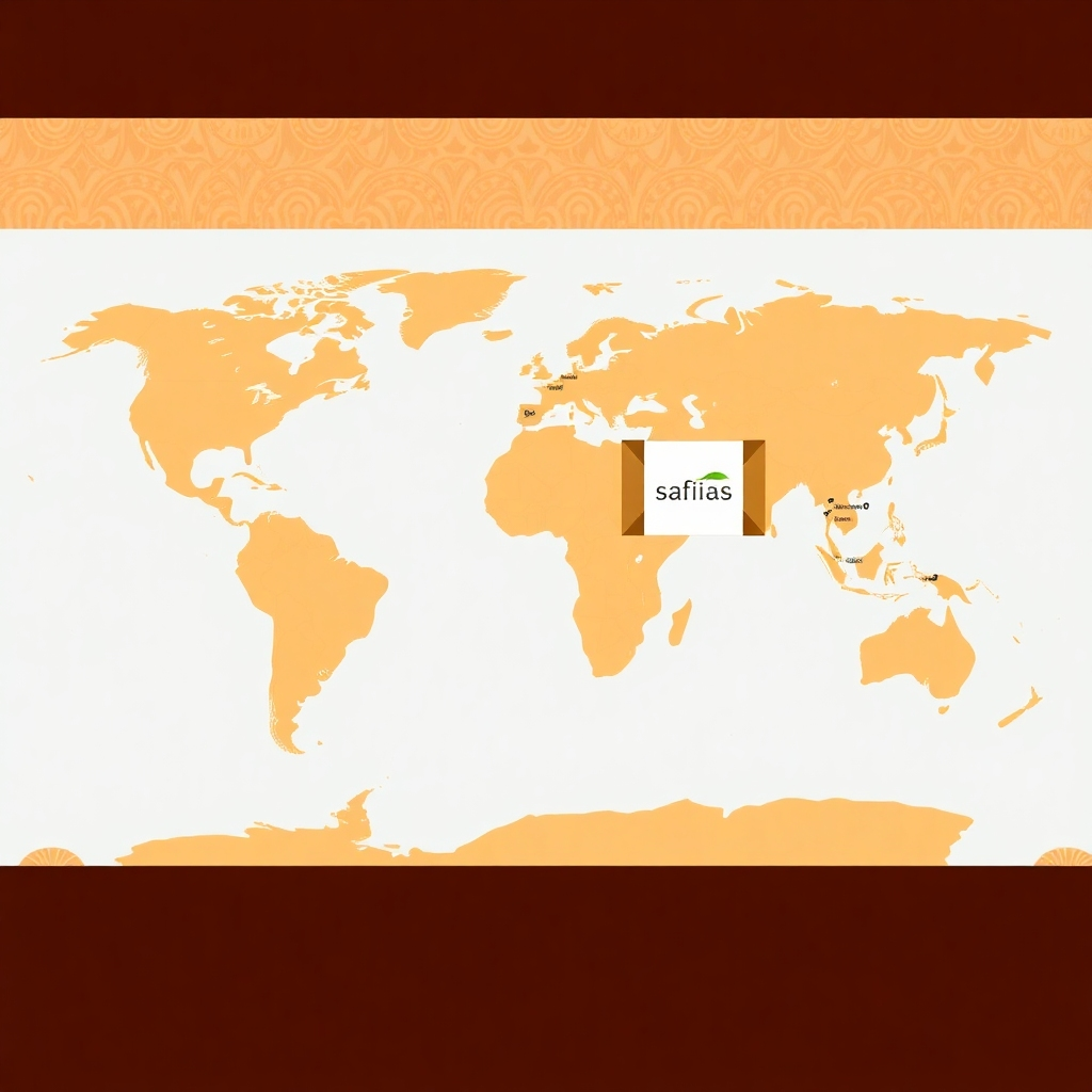 A stylized map of the world highlighting the reach of SafiiaS Beauty's global delivery network. The map is rendered in a warm, earthy color palette with subtle African-inspired patterns. A small package with the SafiiaS Beauty logo is depicted being shipped from Africa to various destinations around the world. Style reference: Modern infographic design with a touch of cultural sensitivity. Technical specs: 4K resolution, high quality.