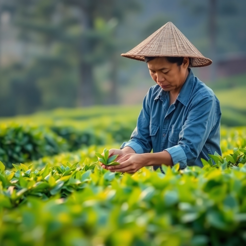 A tea plantation worker carefully harvesting tea leaves in the early morning.