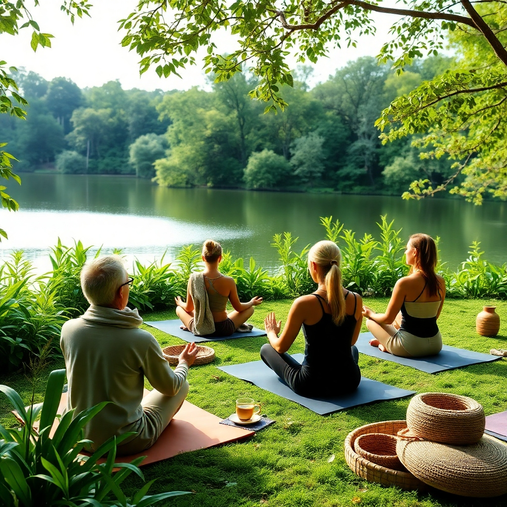 A tranquil scene depicting guests enjoying a wellness retreat amidst nature. Lush greenery surrounds meditation circles near a peaceful lakeside. Soft lighting creates an inviting atmosphere, emphasizing participants' serene expressions. The scene showcases yoga mats, herbal teas, and natural decor adding warmth and comfort. The image is to be captured in high-quality 4K resolution, showcasing rich textures and colors.