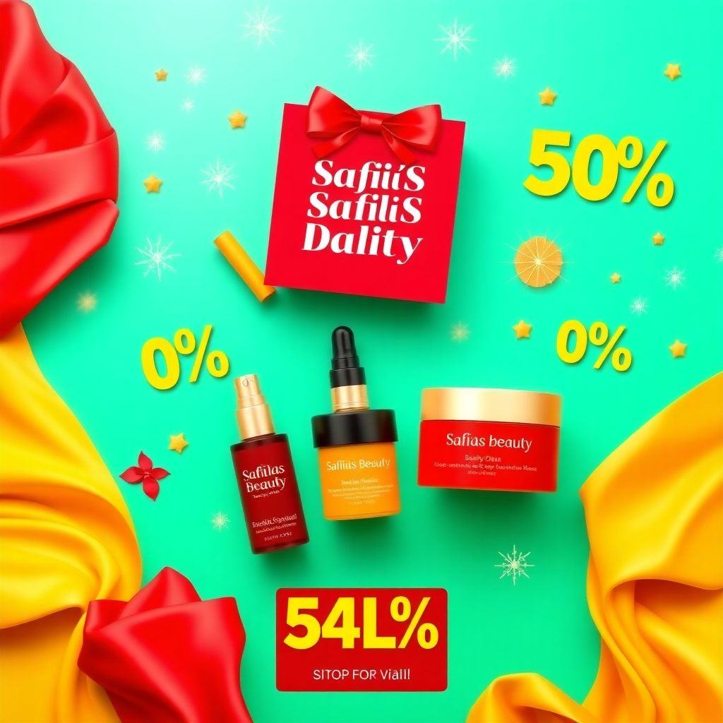 A vibrant, eye-catching banner featuring SafiiaS Beauty products surrounded by sparkling graphics and discount percentages. The color palette is bold and playful, with a focus on reds, yellows, and golds. The composition is dynamic and attention-grabbing, designed to draw the viewer's eye to the promotional offers. Style reference: Modern e-commerce advertising with a touch of African flair. Technical specs: 4K resolution, high quality.