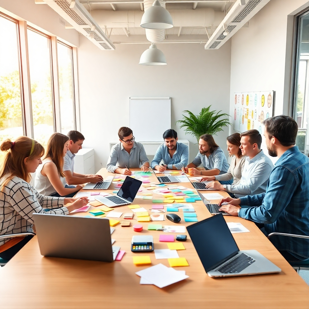 A vibrant image capturing a creative workspace filled with collaborative activities. Several individuals are engaged in brainstorming sessions around a large table covered in notes, laptops, and colorful post-its. The environment is bright and modern, with large windows allowing natural light. The use of color highlights the energy and creativity within the space, aiming for a photorealistic representation of innovation.