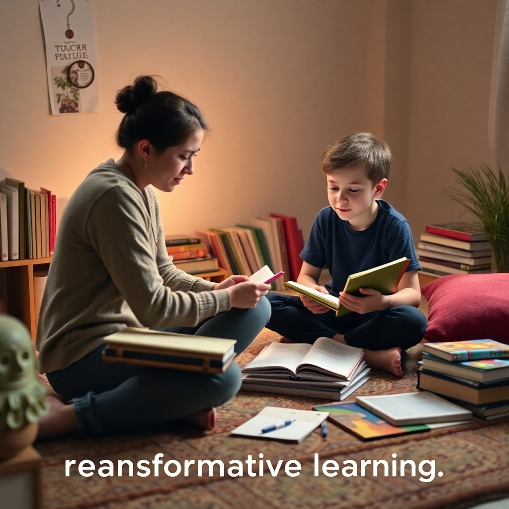A vibrant image showing a tutor working one-on-one with a student, surrounded by personalized learning materials. The scene should be intimate, with soft lighting to create a focused atmosphere. The color palette should include calming earth tones, while the textures should show a soft rug and varied materials for learning. The depiction of individualized education symbolizes the commitment to transformative learning.
