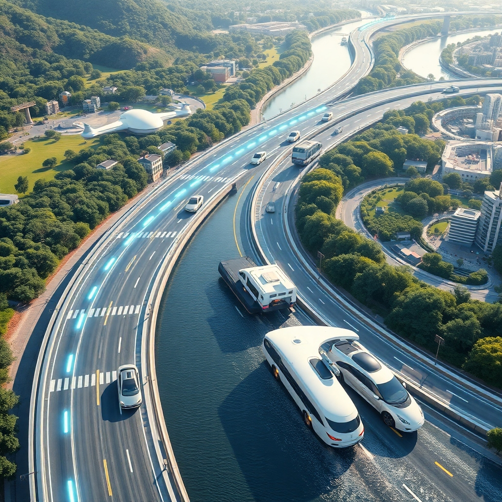 A vision of futuristic transport solutions, including electric vehicles, aerial drones, and advanced ferries connected to smart highways. The scene shows a seamless connection of these options against a backdrop of a lush landscape and urban environment. The lighting is bright and futuristic, suggesting an optimistic future for transport. The textures are sleek and polished, emphasizing innovation. Aerial angles can capture the scope of technological advancements. The style can draw inspiration from concept art of future cities. Technical specs should deliver stunning clarity.