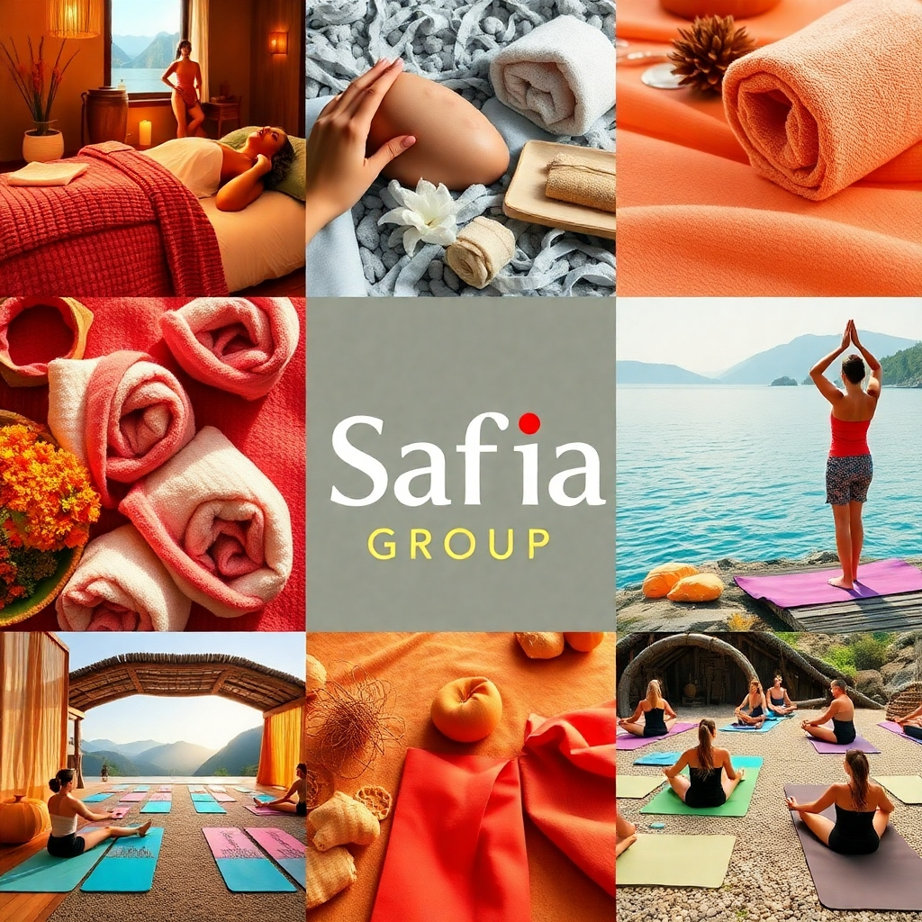 A visually captivating image showcasing the diverse offerings of Safiia Group. The composition includes snapshots of various wellness services like spa treatments, yoga classes, and outdoor activities, all displayed in an artistic collage format. Warm colors create a sense of energy, while each section maintains its unique character through vibrant details. Textures like soft towels, natural materials, and yoga mats blend harmoniously throughout the image. The camera angle should encapsulate the essence of community and wellness. The visuals must be high-quality and engaging, imbuing a sense of allure and connection.