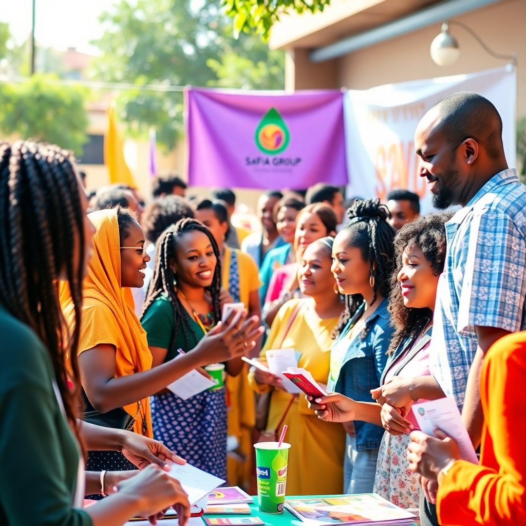 A warm image depicting a community event hosted by Safiia Group, with diverse individuals engaging and sharing experiences. The composition should be vibrant and colorful under natural lighting. The color palette should be welcoming and diverse, encompassing various shades. The textures should showcase community-driven materials like banners and pamphlets. This visual encapsulates community connection and inclusiveness.