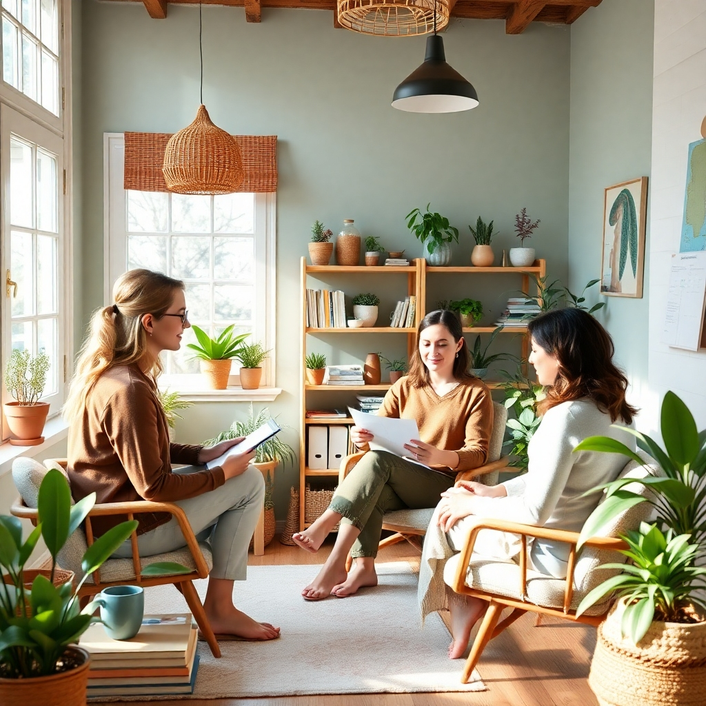 A warm, inviting image depicting a wellness coach with clients, discussing personalized wellness plans in a cozy consultation room. Natural light illuminates the workshop, bringing out the tranquil colors and soft textures of the decor. Elements such as plants, books, and wellness materials add detail and comfort. The overall atmosphere should suggest care and attention. The image should be rendered in high-quality 4K to create an inviting environment.