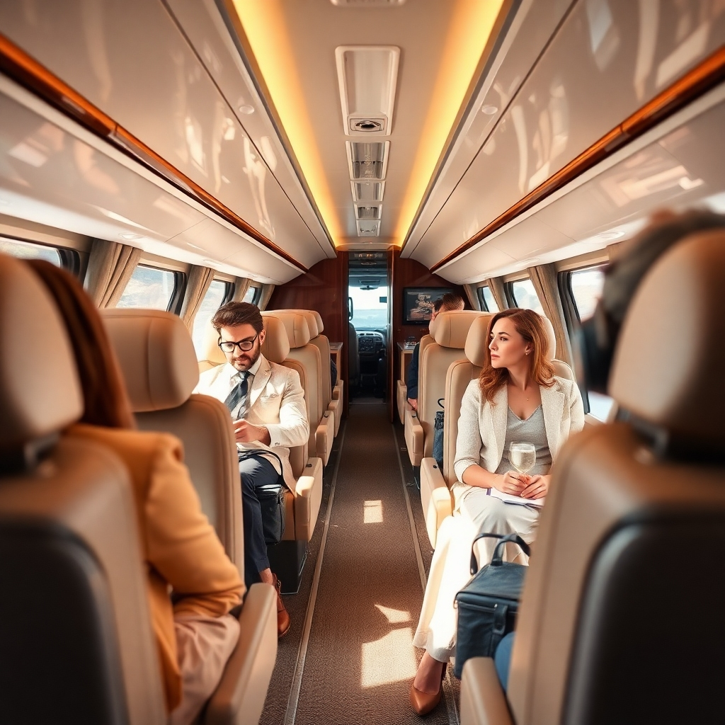 An engaging image featuring luxurious transportation options such as premium coaches, stylish airplanes, and elegant ferries. The use of soft, natural lighting highlights the comfort offered. The scene should show passengers enjoying their journey surrounded by modern interiors and amenities. The color palette blends soft earth tones with stylish accents, creating an inviting atmosphere. The camera angle should provide a cozy perspective inside the vehicles. Technical specs should prioritize high quality.