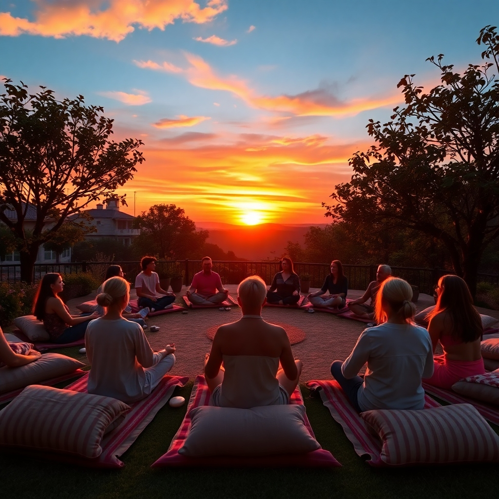 An engaging image of an outdoor wellness space, featuring a sunset meditation session. Guests are seated on comfortable cushions in a circular arrangement facing the magnificent sunset. The scene is lit with warm hues of orange and pink, creating an inviting and peaceful atmosphere. Unobtrusive natural elements, such as fragrant flowers and decorative stones, enhance the setting. The texture of the cushions and the varied fabrics used should be rich. Detailed elements, like soft breezes in the trees, add a sense of depth to the peaceful moment. High-resolution 4K detail is essential to evoke serenity.