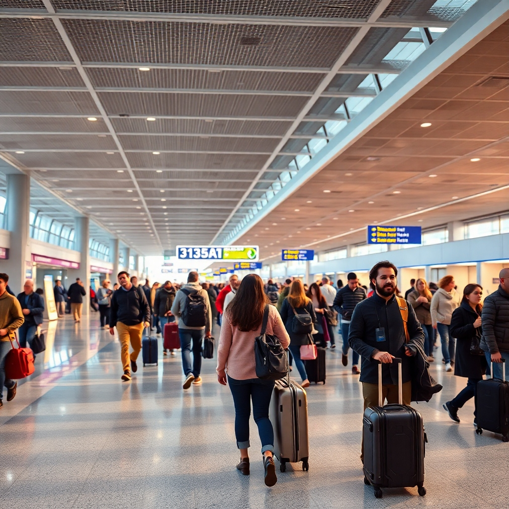 An engaging image showing a beautiful airport terminal filled with travelers preparing for their flights. Soft lighting enhances the excitement of air travel, while the textures of modern airport architecture depict elegance and efficiency. Travelers with luggage and boarding passes convey readiness for their adventure. The camera angle is dynamic to capture the atmosphere of anticipation. Technical specs should deliver high quality.