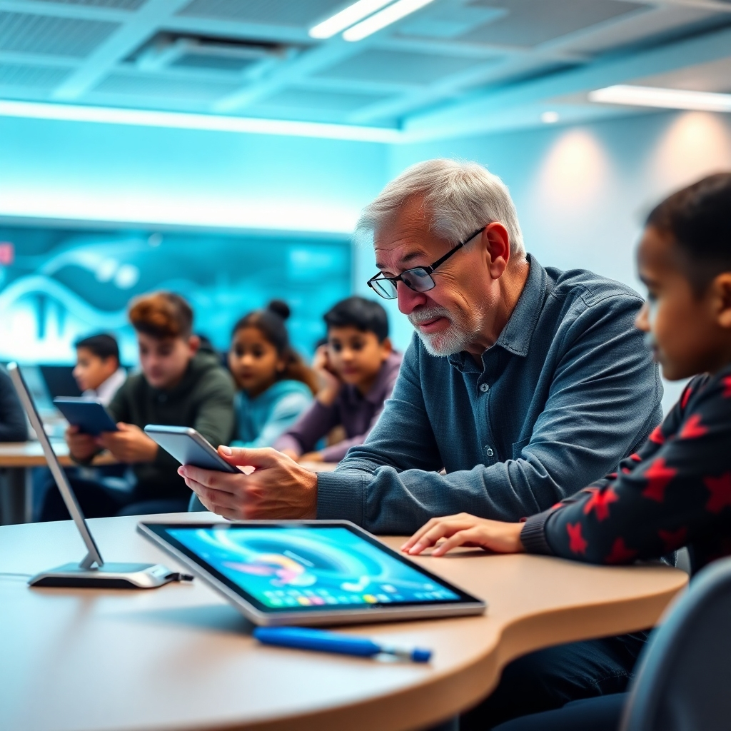 An engaging, photorealistic image depicting an older individual learning alongside younger students in a tech-forward classroom. The atmosphere should be vibrant and filled with innovative technology. The lighting should be bright and modern, highlighting various devices. The color palette should involve cool tones and digital graphics, symbolizing advancement and growth. The textures should showcase smooth screens and soft seating areas. This visual reinforces the concept of lifelong learning and the benefits of ongoing education.