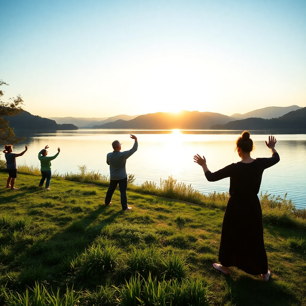 An engaging vista of a wellness retreat, with guests practicing Tai Chi at sunrise against a tranquil lake backdrop. Soft, glowing morning light casts reflection on the water, enhancing serenity. The composition includes lush greenery and mountains in the distance, with harmonious colors of blues and greens. Natural textures, such as dew-covered grass and the smooth surface of the lake, are essential. The camera angle should capture the tranquil energy of the participants while maintaining a scenic overview. Aim for a high-quality image in 4K to capture the essence of calmness.