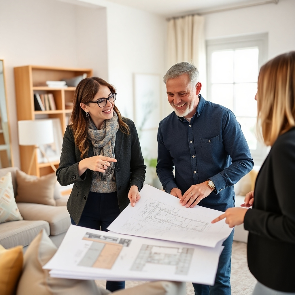 An image of a friendly interior designer consulting with a client in a well-lit office. The designer should be pointing to fabric samples and design sketches.