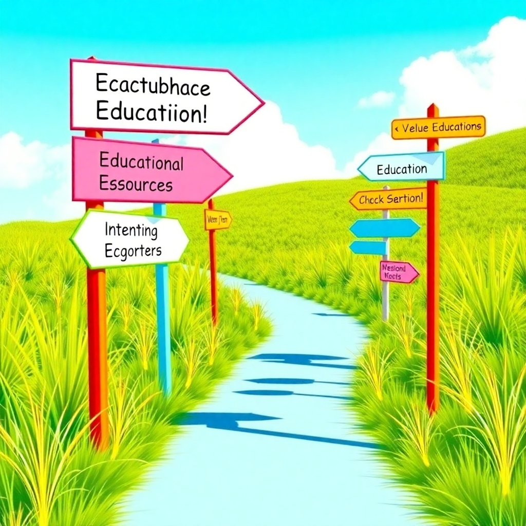 An informative image illustrating a pathway with directional signs indicating various educational resources. The composition should be vibrant and clear, depicting a sunny landscape with greenery. The color palette should be bright and inviting, filled with colors that promote positivity. The textures should encompass grass and natural materials. This visual symbolizes clear guidance in navigating education.