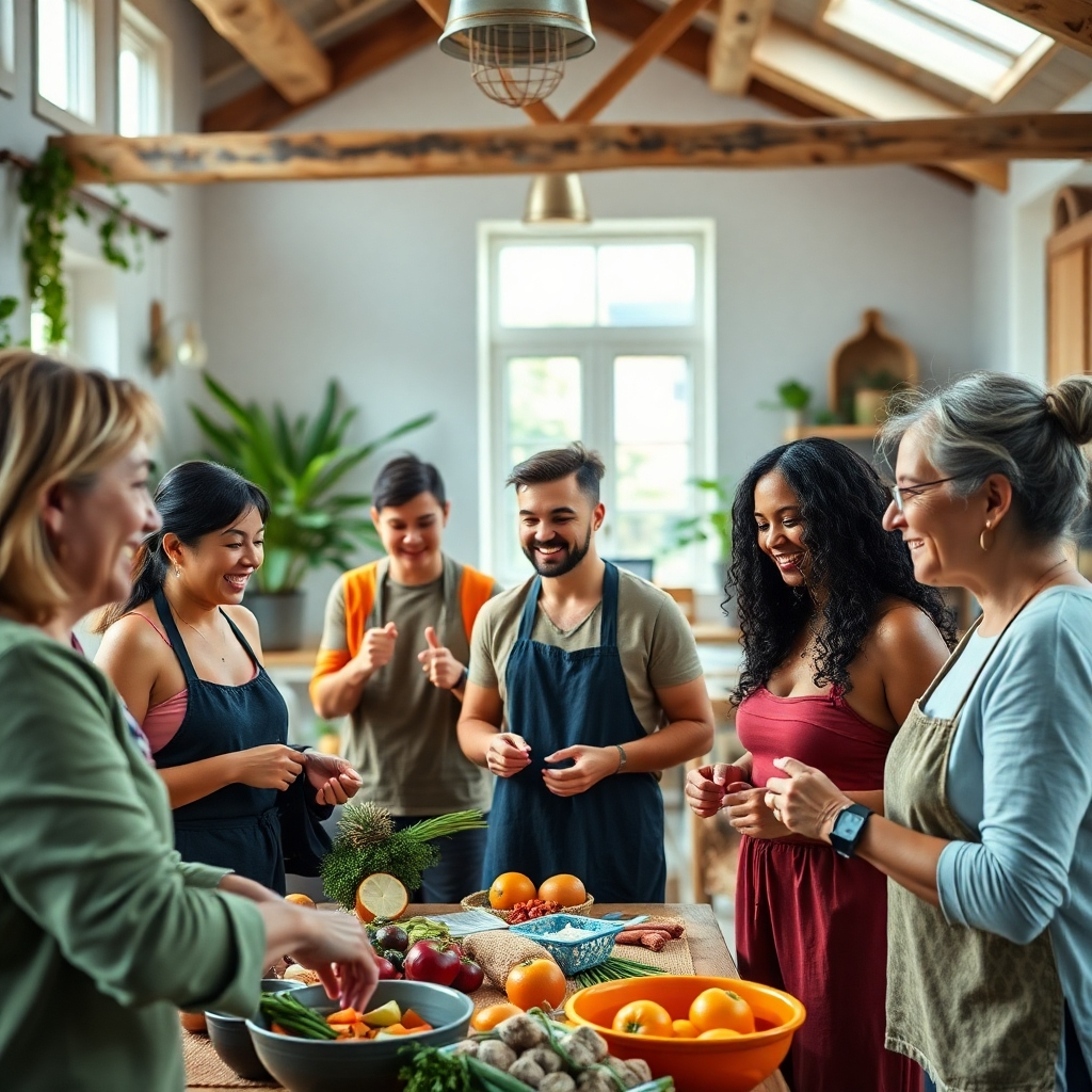 An inspiring image depicting a group of individuals engaged in a community wellness activity, like collaborative cooking or fitness classes. The environment is bright and lively, characterized by natural light streaming through windows and inviting, earthy decor. The color palette reflects joy with vibrant touches of green, orange, and blue. Subtle interactions among participants enhance feelings of camaraderie and connection. The camera angle should focus on the collective experience, keeping viewers engaged. An emphasis on high-resolution, 4K quality will elevate the experience further.