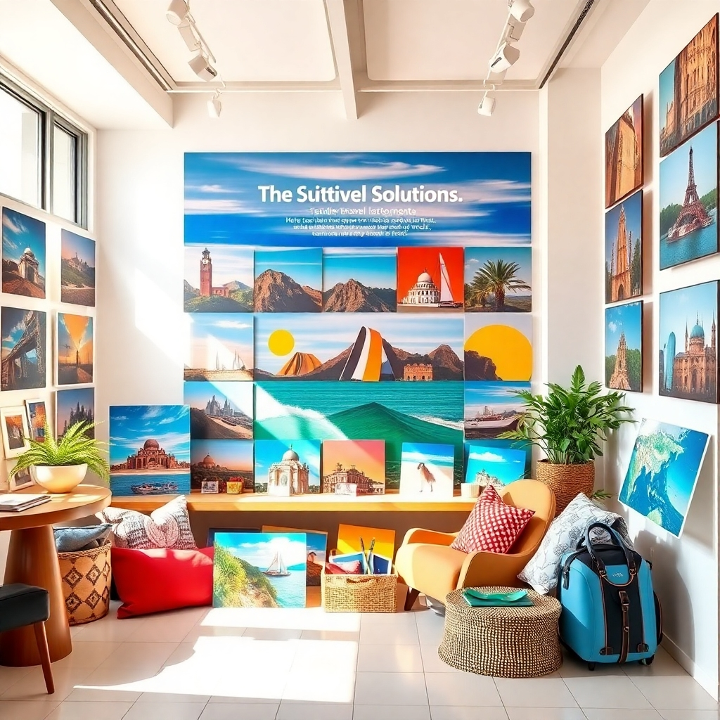 An inspiring image showcasing a variety of unique travel solutions offered at Safiia, arranged aesthetically in a bright display. The environment feels curated and modern, with vibrant colors and textures showcasing active travel choices. The lighting is soft and warm, creating an inviting atmosphere for potential travelers. The camera perspective should be dynamic to capture the beauty of the offerings. Technical specs must ensure high clarity and detail.