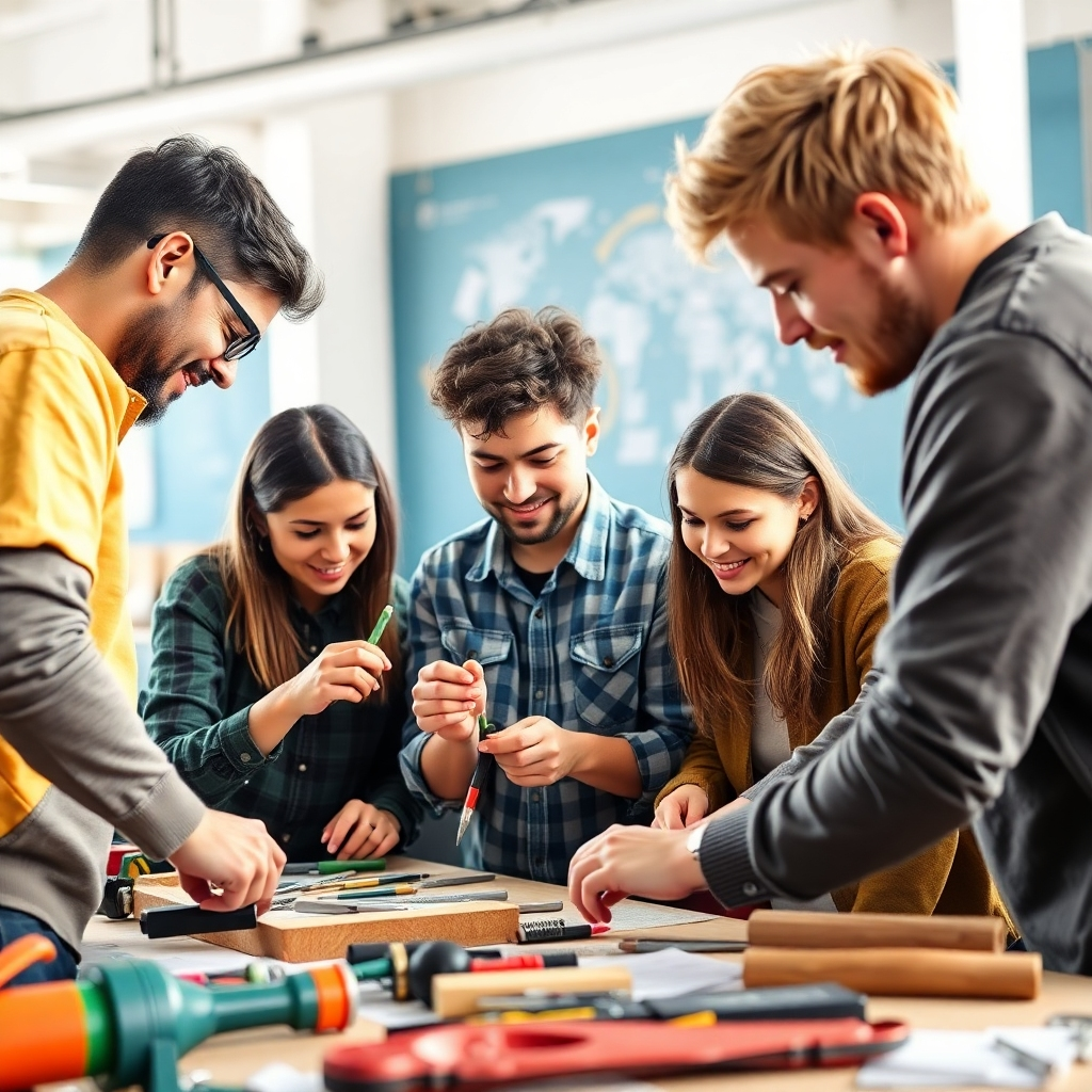 An inspiring image showing a group of individuals participate in a hands-on workshop. The composition should focus on interaction and learning, with bright, dynamic lighting. The color palette should include lively colors that inspire enthusiasm. Textures of tools and materials should enhance the image's tactile aspect, reflecting the hands-on nature of skills training.