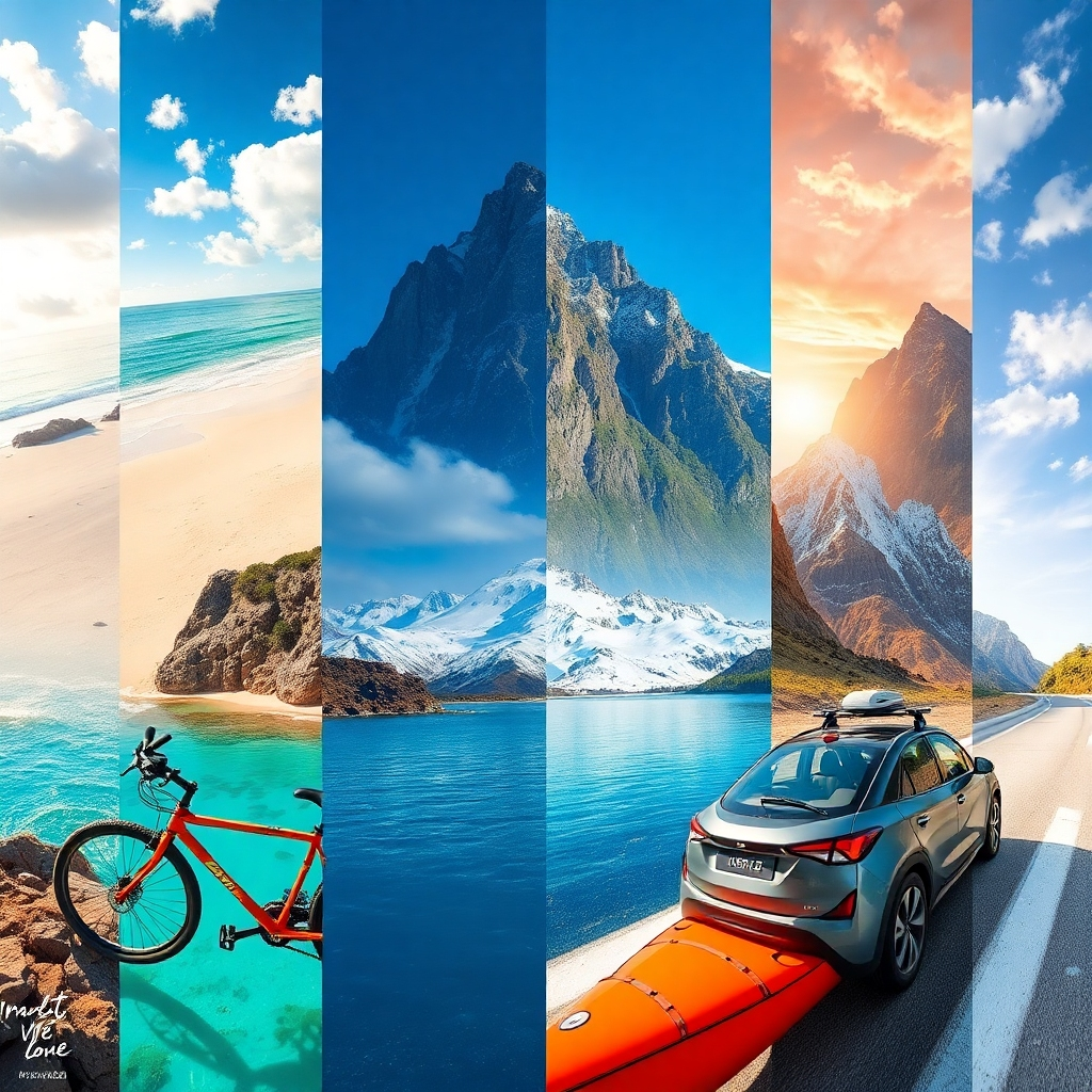 An inspiring image showing diverse landscapes from tropical beaches to snowy mountains, each marked by distinct transport modes like a bicycle, kayak, and an electric car. The composition is vibrant and dynamic, with bright lighting enhancing the features of the landscapes. The camera angle is enveloping, capturing the excitement of exploration. The textures are detailed, emphasizing the beauty of nature and innovative transport options. Style references include travel blogs focusing on adventure and exploration. Technical specs should be optimized for clarity.