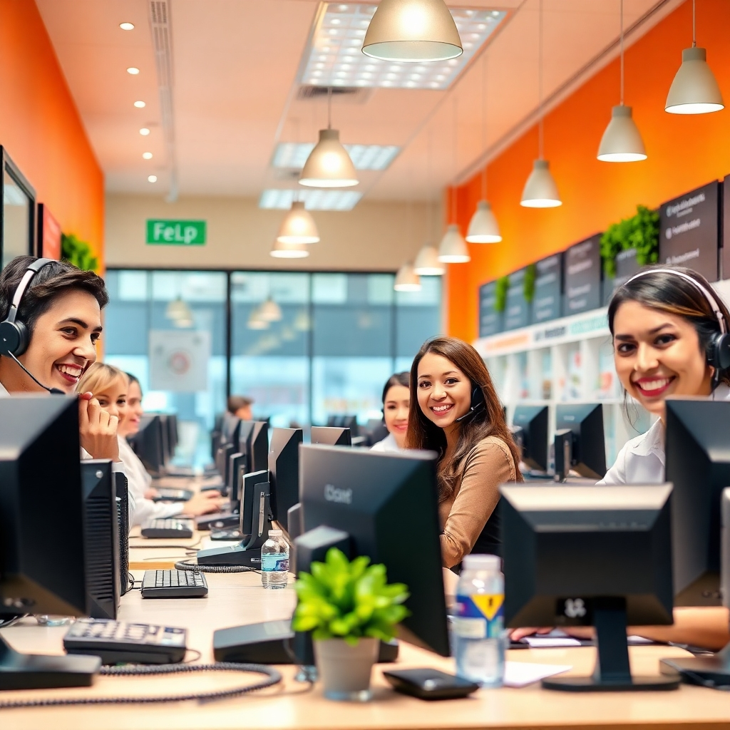 An inviting image of a customer service center, with friendly staff ready to assist. The environment is bright and welcoming, featuring phones and computers, and engaging decor that conveys professionalism. The camera angle can include smiling staff in action, conveying readiness to help. Dynamic lighting highlights the positive atmosphere. The color palette should be warm with engaging accents. Technical specs should focus on high detail.