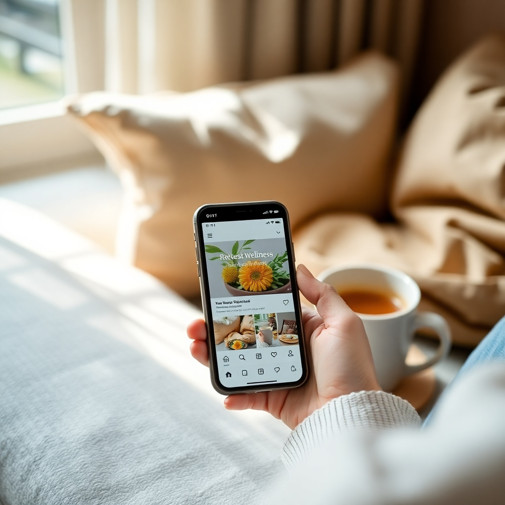 An inviting image of social media feed displays relevant wellness-themed content on a phone screen. The background features a cozy couch, with natural light creating a peaceful setting,. The color palette involves soft earth tones that are comfortable and alluring. Textured fabric and elements like a warm drink beside the device enhance the atmosphere. The camera angle should present a natural, candid moment of social presence. The final image should be photorealistic and in high resolution, emphasizing the digital connection with authenticity.