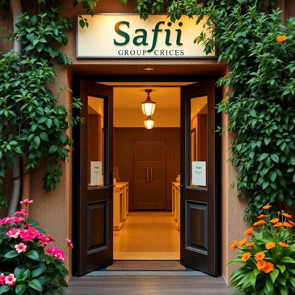 An inviting image showcasing the exterior of the Safiia Group offices, surrounded by greenery. The composition should include an open door inviting viewers inside, with warm lighting. The color palette should consist of earthy tones complemented by vibrant flowers. Textures should include natural elements like wood and plants, symbolizing growth and connection. This image portrays the openness and opportunities within the Safiia Group.