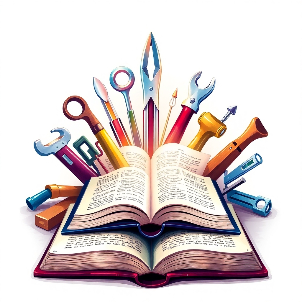 An open book surrounded by tools, representing the power of knowledge and learning. With vibrant colors, creating a captivating image. This symbolizes exploration and discovery, inviting you to broaden your horizons and explore new possibilities. High-quality image.