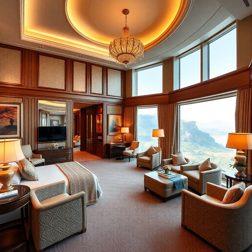 An opulent hotel room elegantly decorated with plush furnishings and modern amenities. Soft lighting creates a warm ambiance, highlighting intricate design elements like rich fabrics and exquisite art. Large windows provide breathtaking views of the surrounding landscapes. The textures of the room should be rich and inviting, evoking feelings of luxury and tranquility. Photorealistic and high-resolution imagery (4K) should capture essential details.