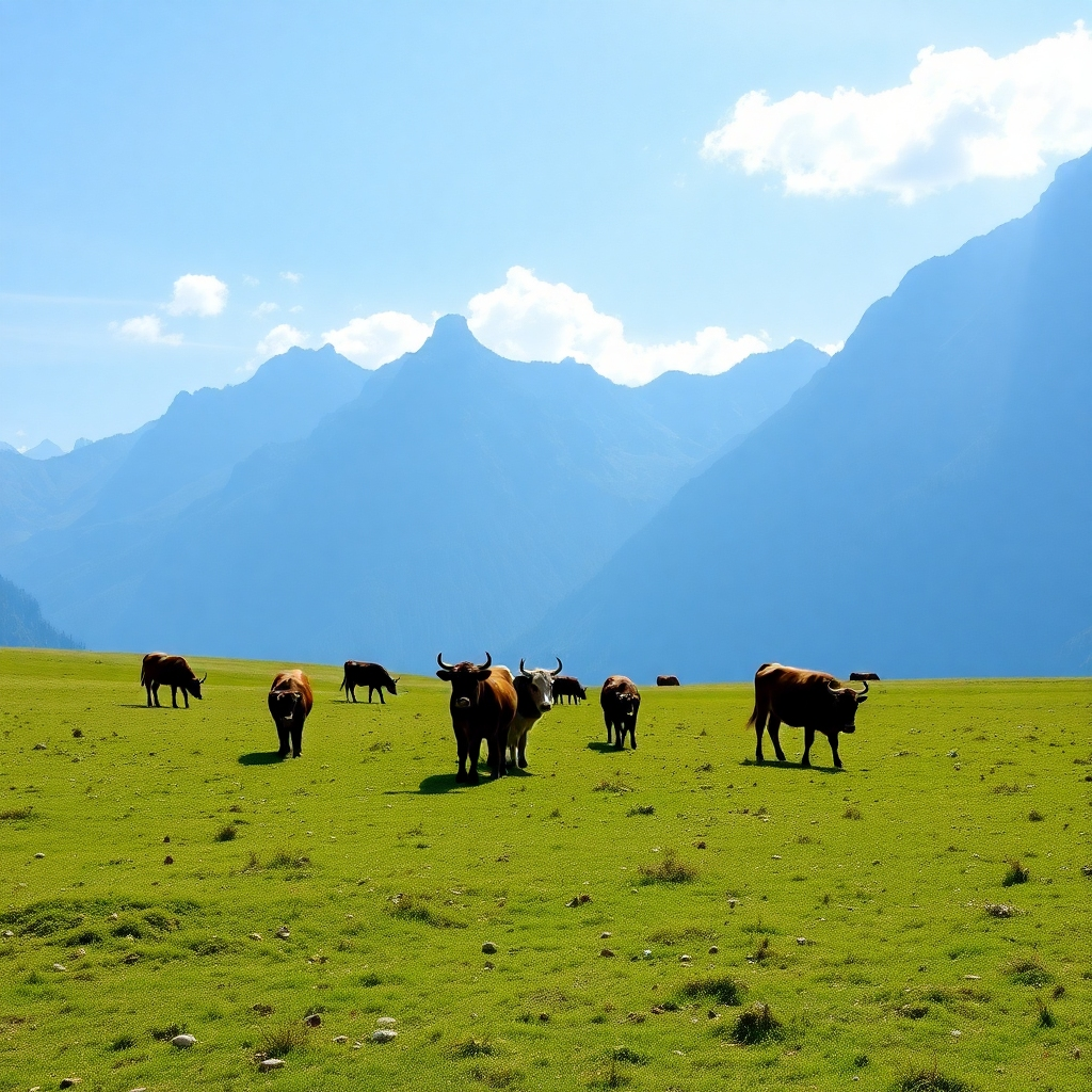 Cattle peacefully grazing on a large grass field with mountains and a blue sky