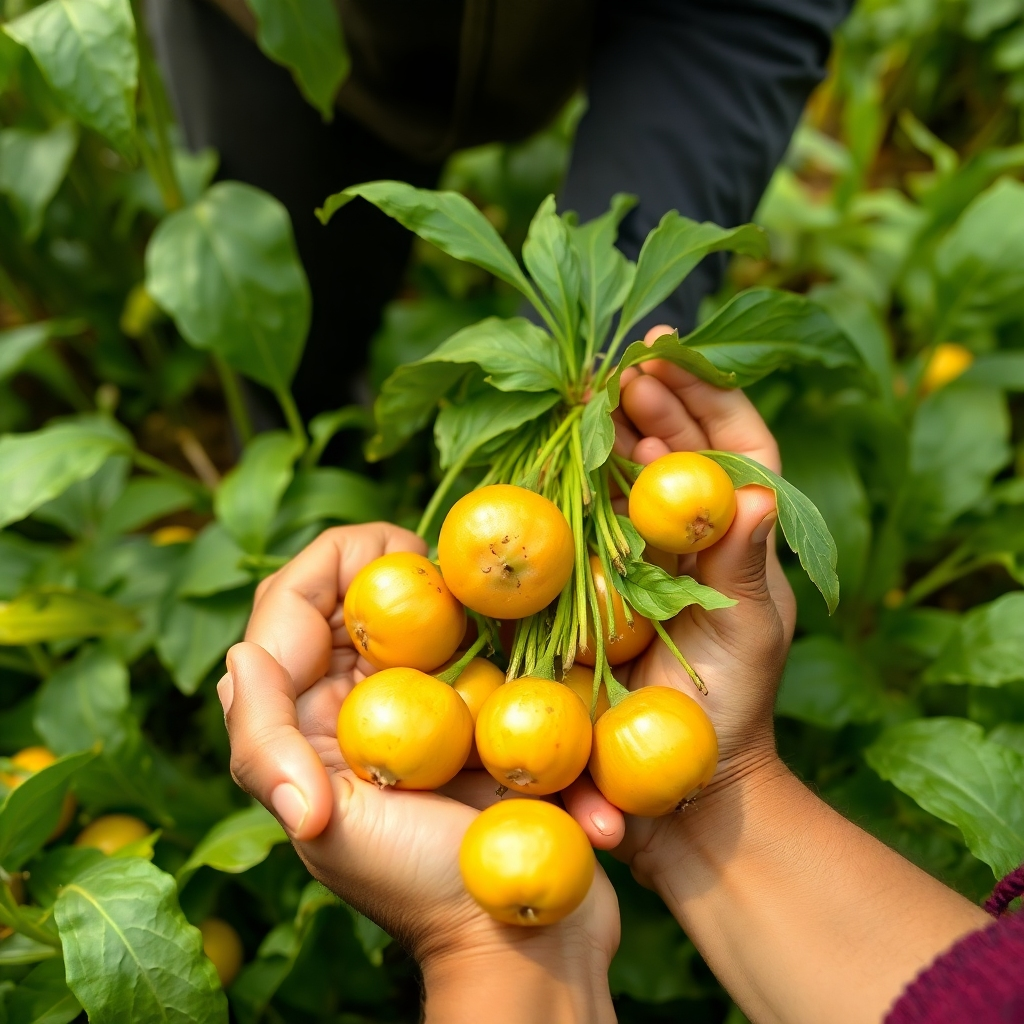 Close-up of hands carefully harvesting ripe cash crops in a field, highlighting the freshness and quality.