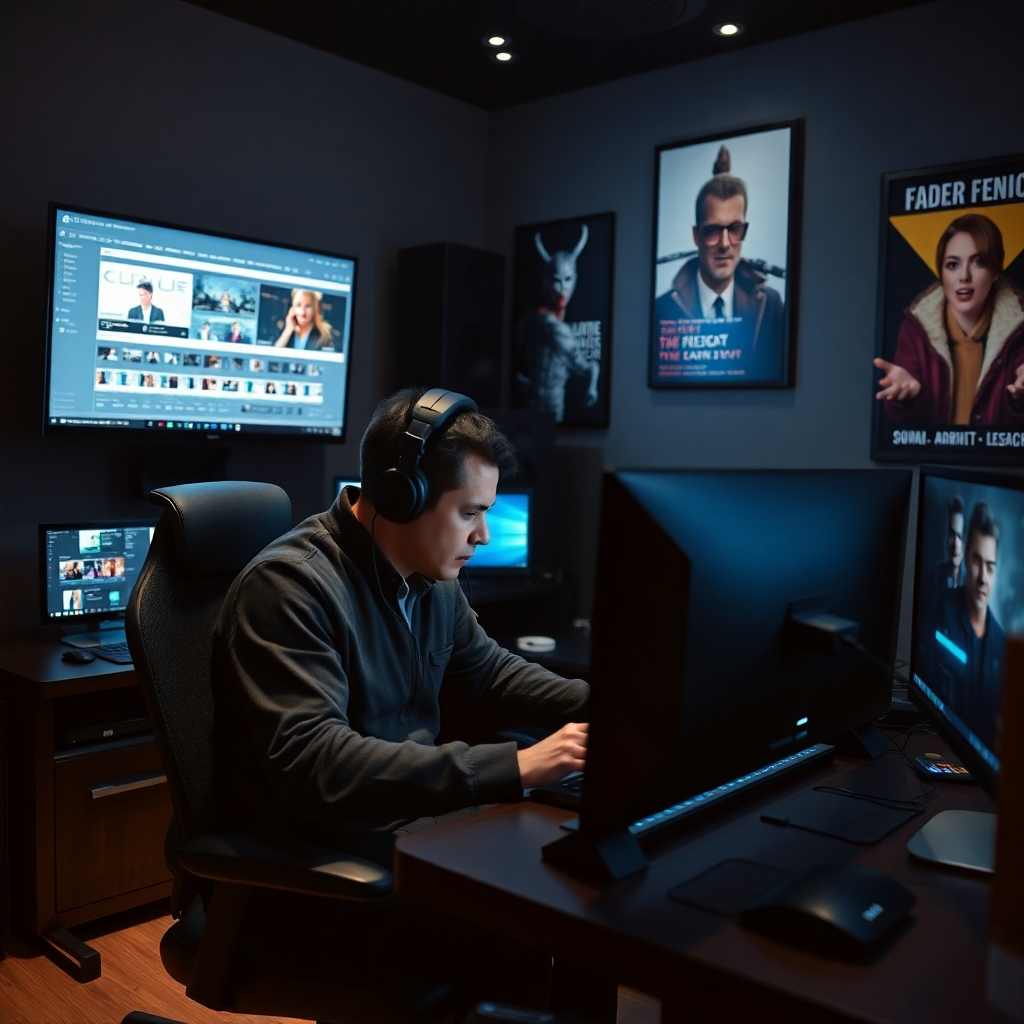 Conceptualize an image of a skilled video editor working intensely in a modern editing suite, surrounded by high-end monitors displaying timelines and effects. The room should be tastefully decorated with soundproof materials and cinematic posters. Soft, focused lighting should illuminate the editor’s work. Aim for a high-tech ambiance, signifying the meticulous attention to detail in video editing.