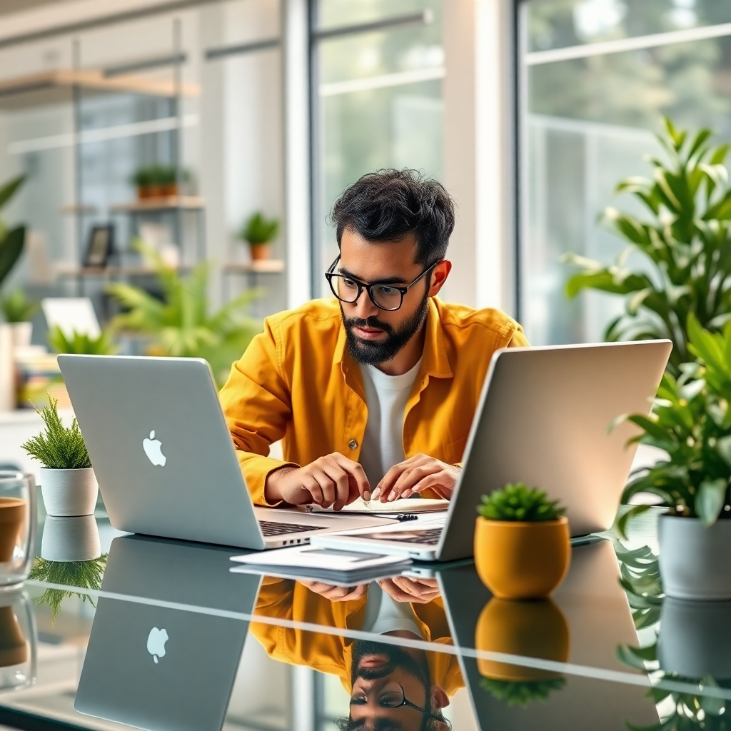 Craft an image depicting an individual deeply engaged in formulating a financial strategy while using a digital laptop. The setting is a bright workspace filled with reflective surfaces and greenery. The mix of colors includes optimistic yellows and greens, portraying growth and positivity, all detailed in a hyperrealistic style.