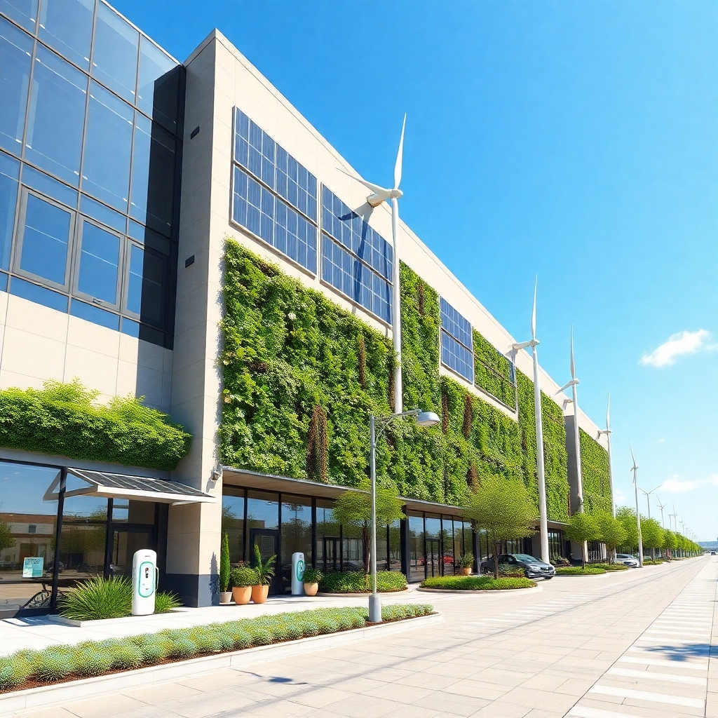 Create a photo-realistic exterior shot of Safiia Group's headquarters. Envision a modern, eco-friendly building integrated with solar panels, vertical gardens, and wind turbines. Use a bright, sunny day to emphasize the sustainable features. Style: Architectural photography that highlights eco-friendly building design. Composition: Wide-angle shot capturing the entire building and its integration with the surrounding environment. Props: Solar panels, wind turbines, green walls, electric vehicle charging stations, and sustainable landscaping.
